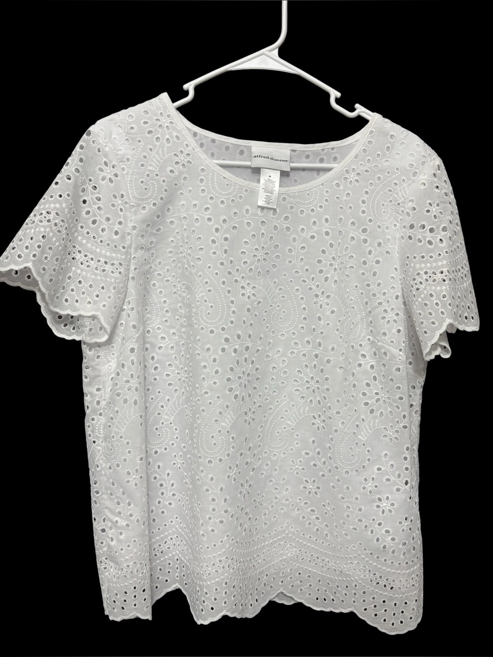 Alfred Dunner Cottagecore White Cotton-Blend Eyelet Lace Short Sleeve Blouse M - Picture 3 of 3